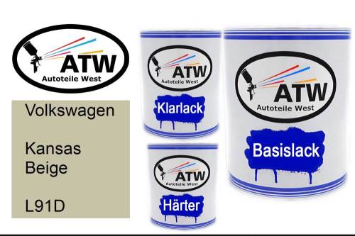 Volkswagen, Kansas Beige, L91D: 1L Lackdose + 1L Klarlack + 500ml Härter - Set, von ATW Autoteile West.